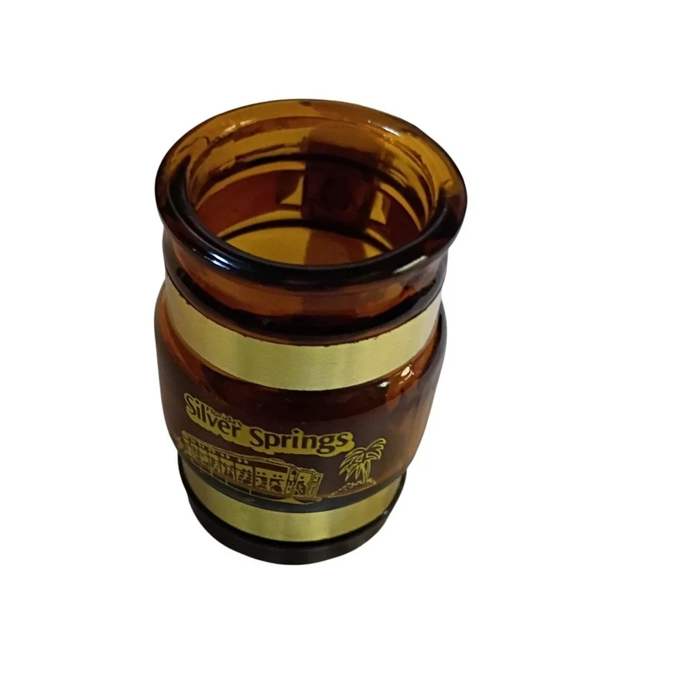 Vintage Silver Springs Florida Amber Glass Barrel Shot Glass Wooden Handle 651
